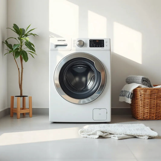 Modern front-loading washing machine with folded towels in a bright laundry room setting