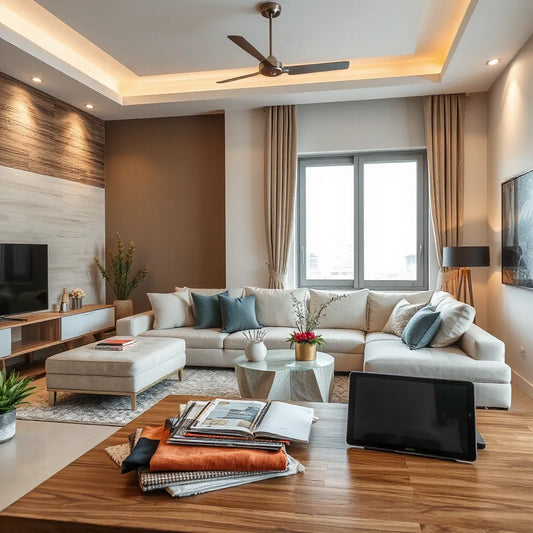Modern Gurgaon living room styled by interior designers with warm lighting and neatly arranged design materials