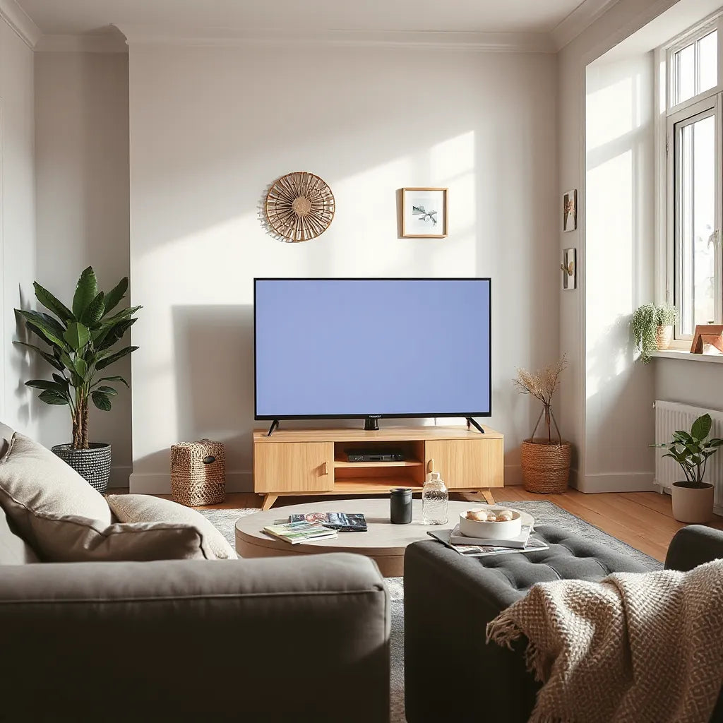 Modern smart TV on a living room stand with a clear, colorful streaming display