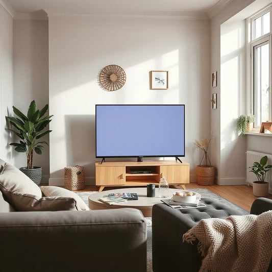 Modern smart TV on a living room stand with a clear, colorful streaming display