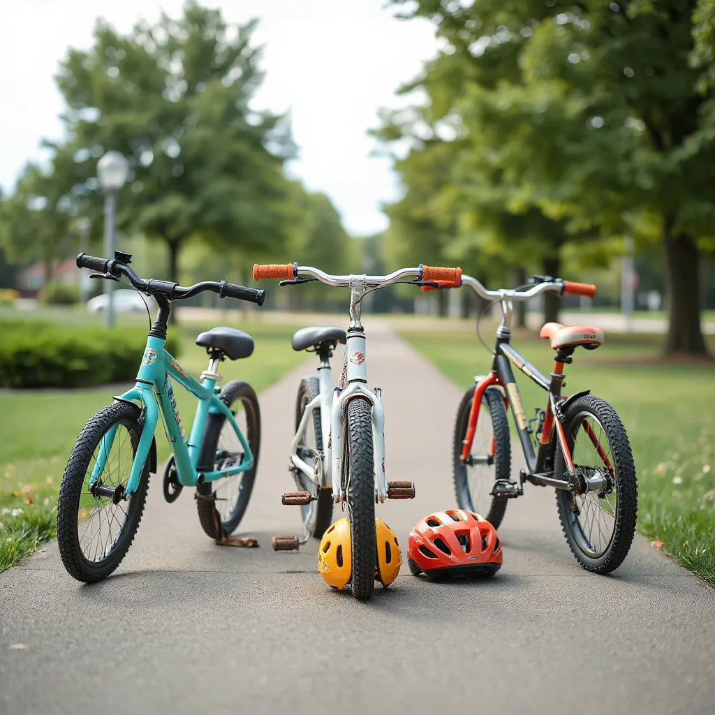 Colorful stylish kids bicycles with helmets on a paved path in a sunny park setting