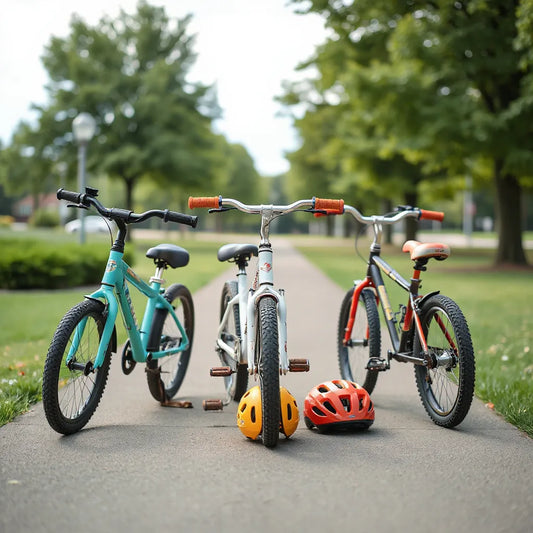 Colorful stylish kids bicycles with helmets on a paved path in a sunny park setting