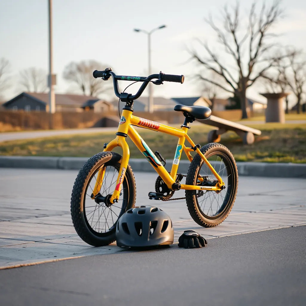 Stylish kids BMX bike with helmet and gloves beside it at a neighborhood skate park