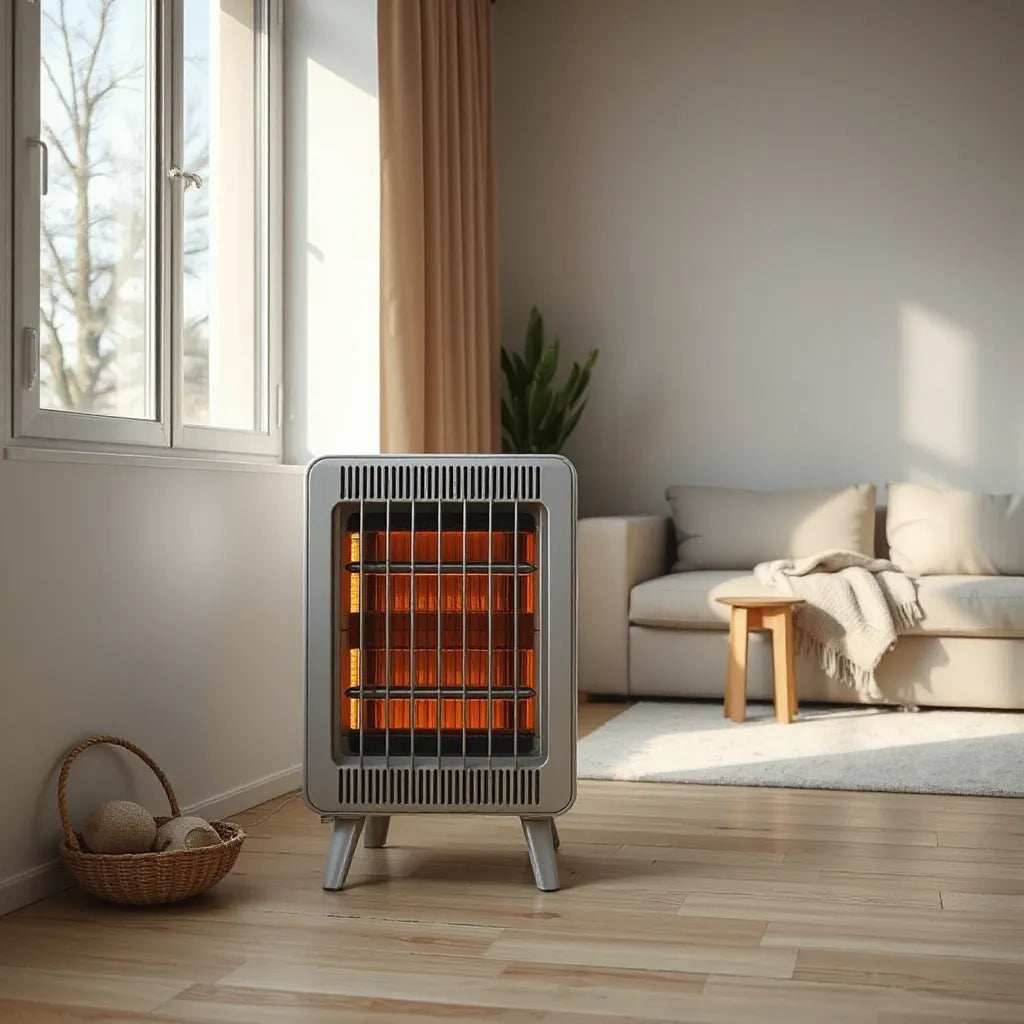 A modern room heater with extended fins warming a cozy living space in winter light