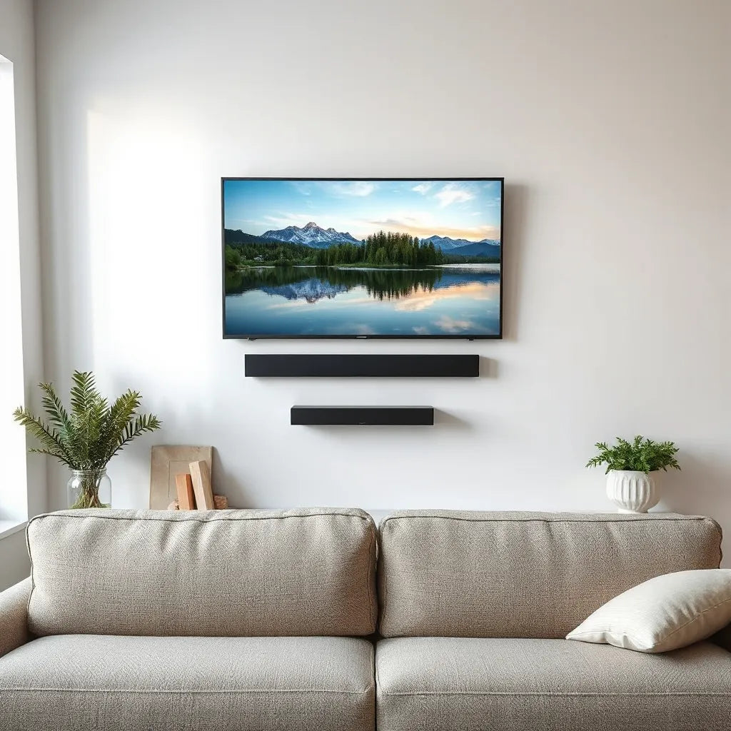 Wall-mounted Sony-style 55-inch 4K smart TV displaying a vivid nature scene in a modern living room