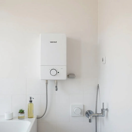 Compact wall-mounted water geyser with visible piping in a clean bathroom setting