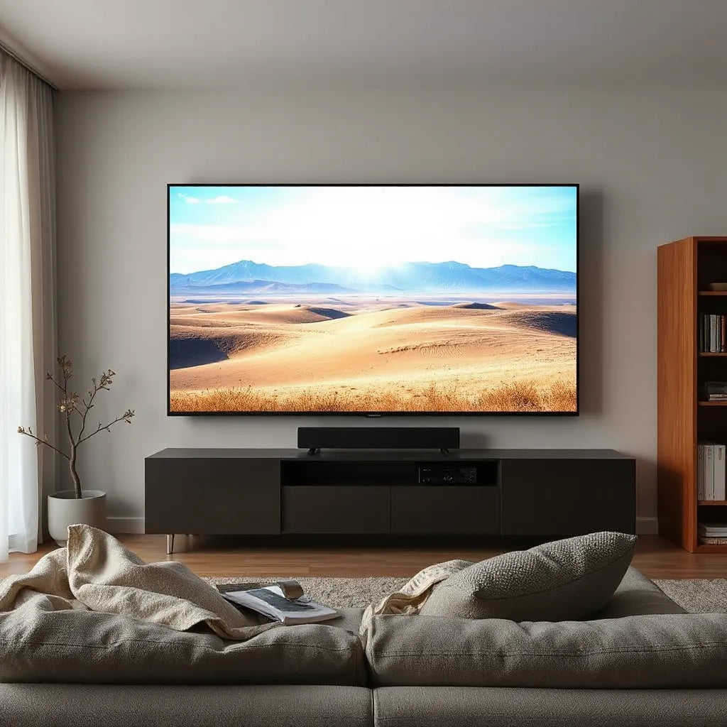 Wall-mounted 65-inch TV in a modern living room with cinematic content and ambient lighting