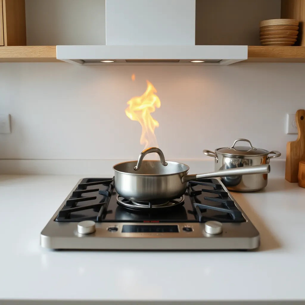 Jumbo burner heating a pan and pot with visible steam on a clean stovetop