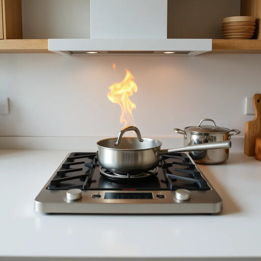 Jumbo burner heating a pan and pot with visible steam on a clean stovetop