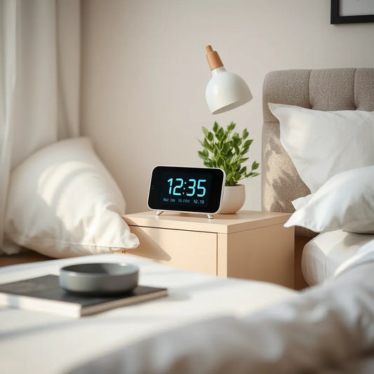 Sleek personal assistant clock on a bedside table in soft morning light