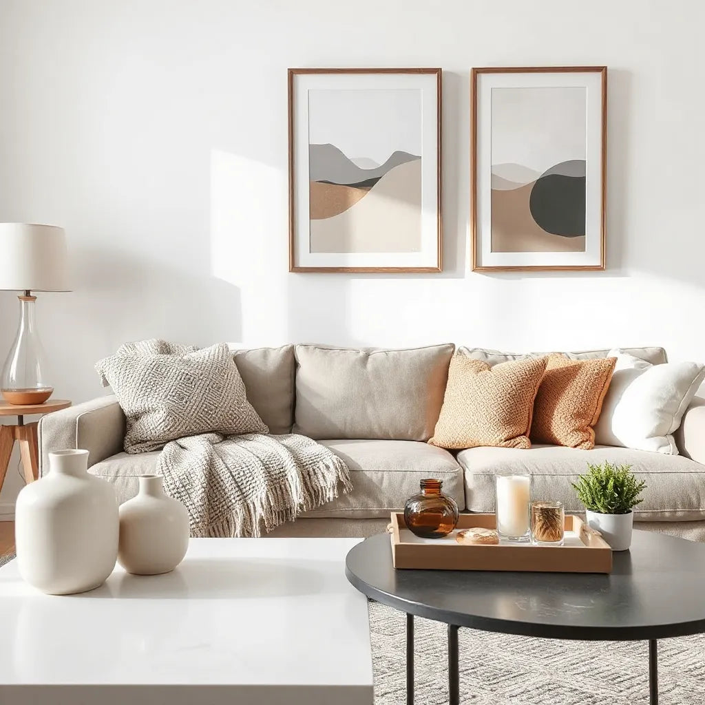 Modern living room styled with minimalist decor accessories like vases, lamp, tray, candles, and indoor plant