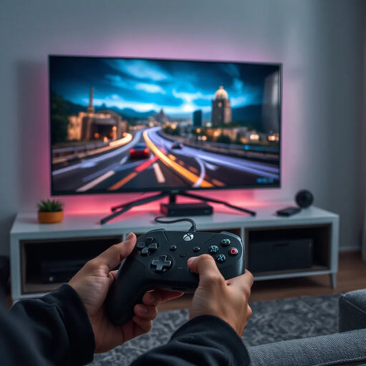 Gaming TV setup with HDMI connection for low-lag console play in a dark room