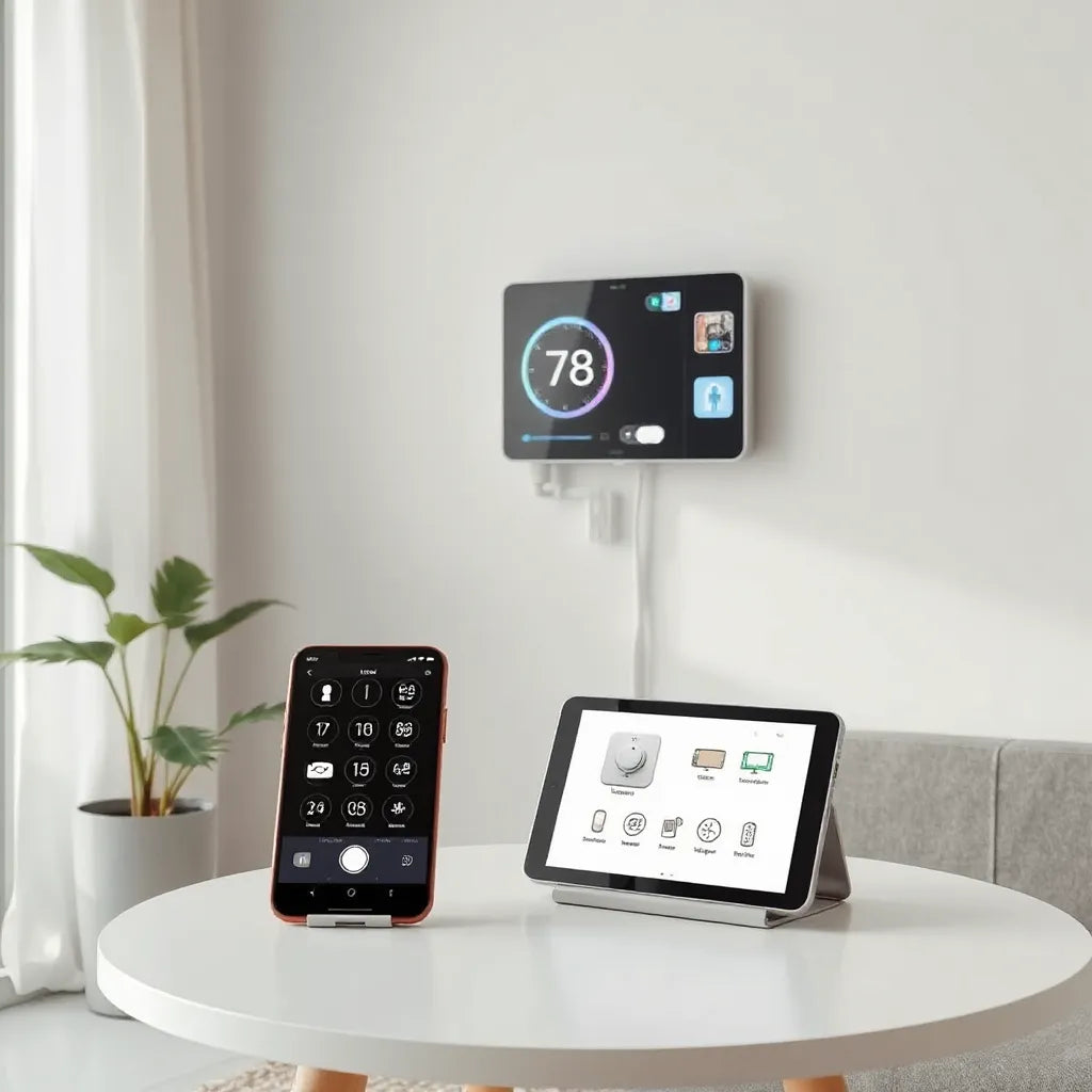 Smart hub and connected devices in a modern living room with a smartphone showing simple connection icons