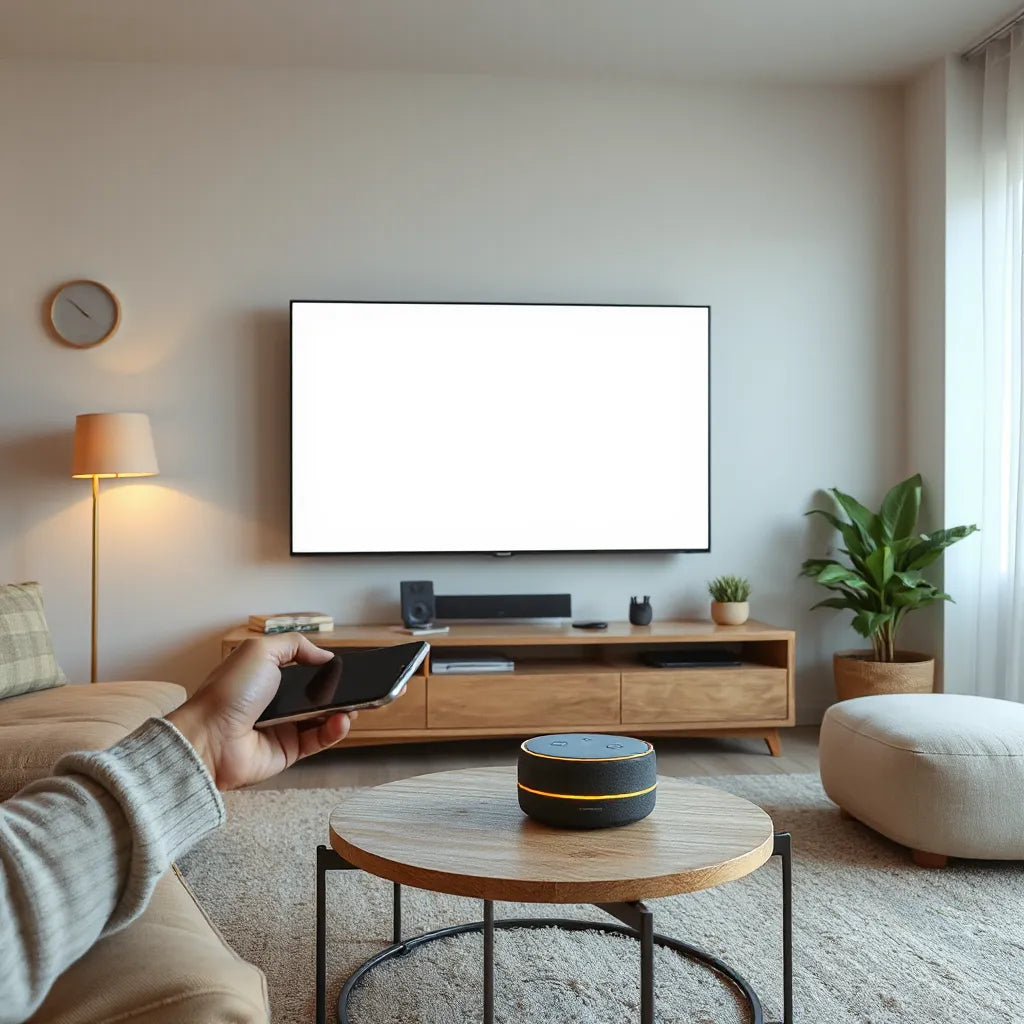 Wall-mounted smart LED TV with a glowing smart assistant interface in a modern living room