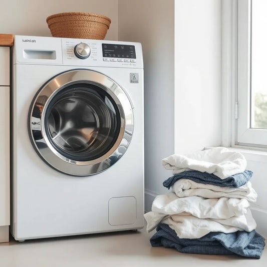 Modern front-loading washing machine with neatly sorted laundry in a bright laundry room