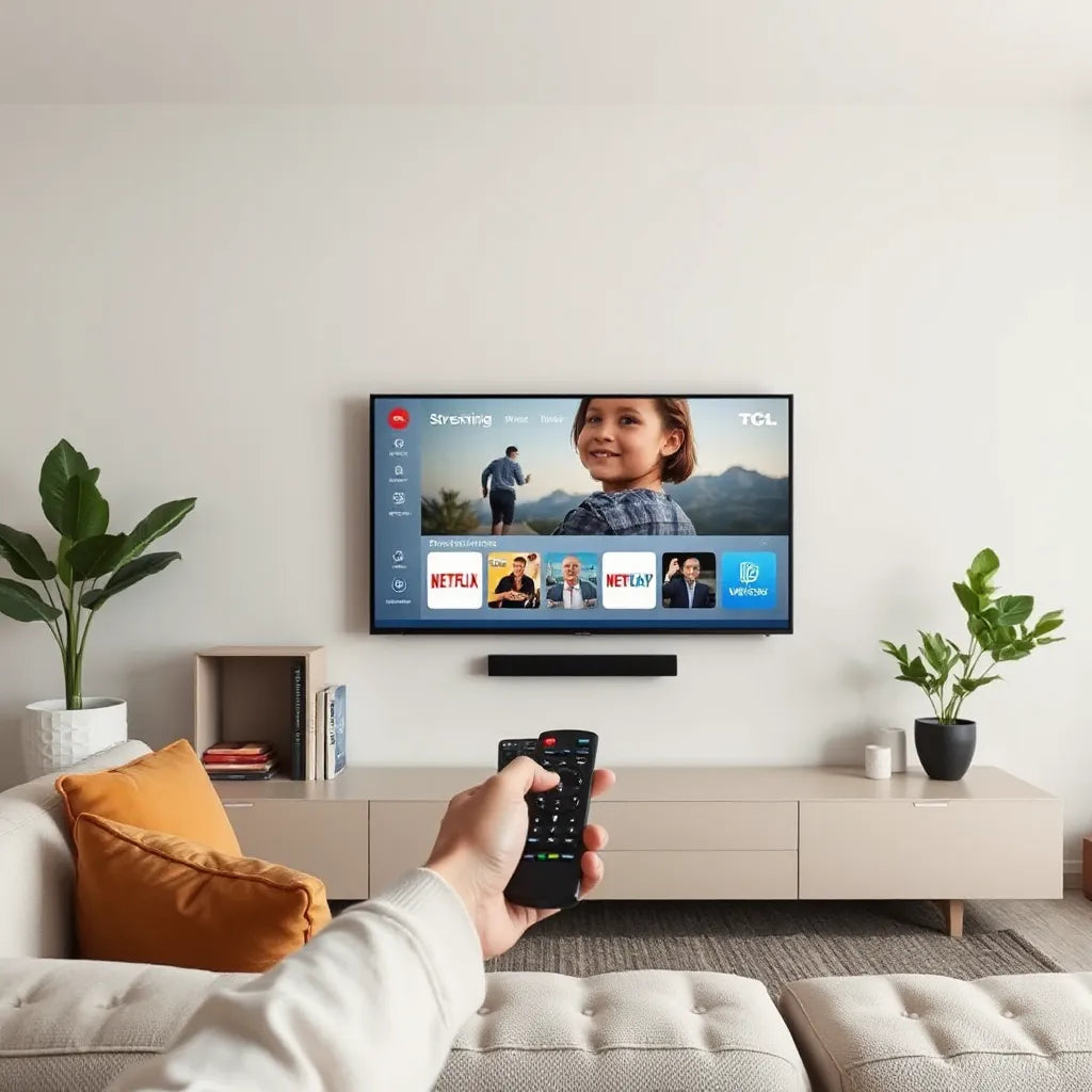 Wall-mounted smart TV with a remote in hand in a modern living room for quick streaming setup