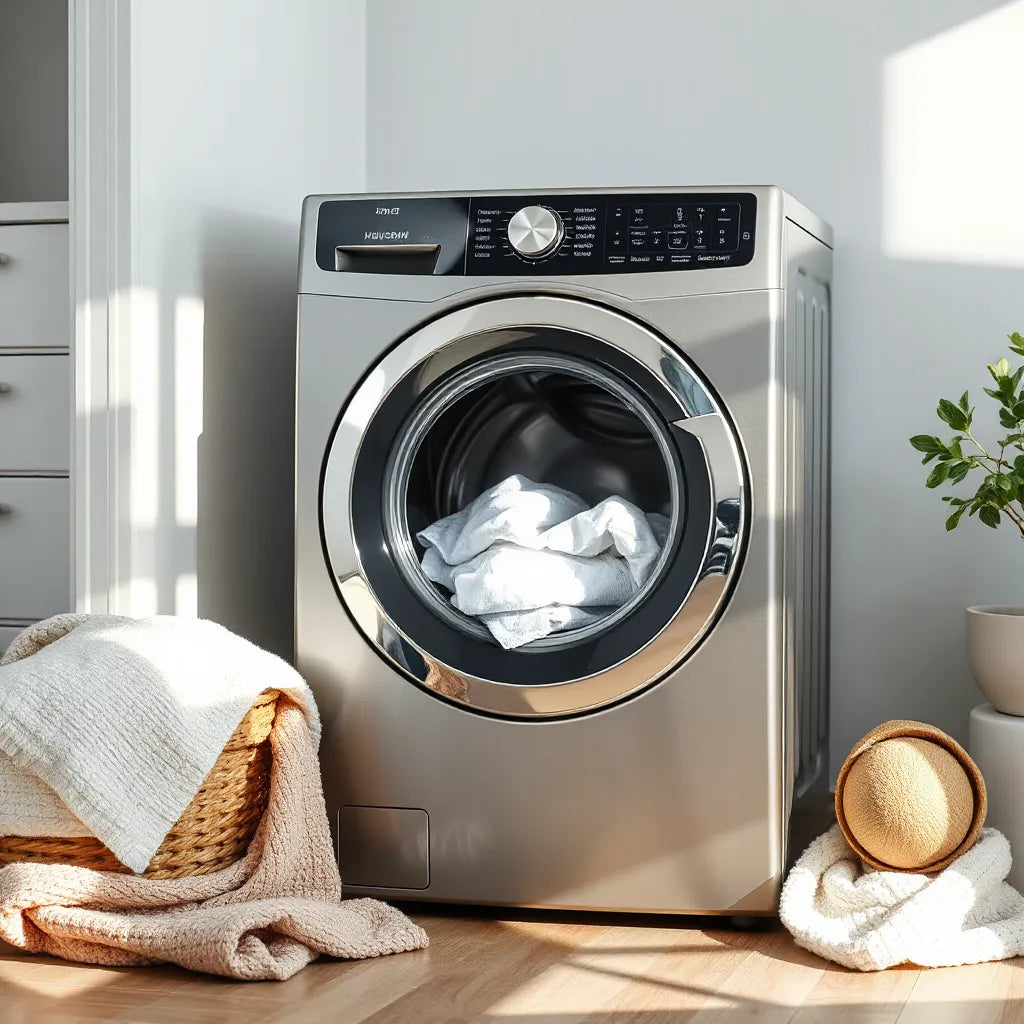 Modern digital inverter washing machine in a bright laundry room with neatly arranged clothes