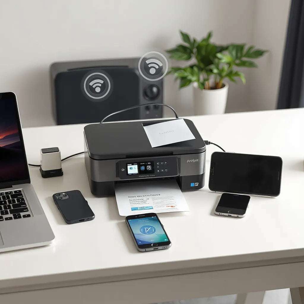Compact printer on a home office desk wirelessly connected to a laptop and smartphone