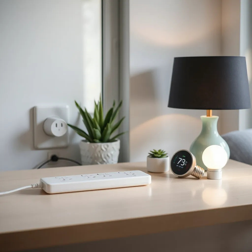 Modern energy-monitoring smart plug, power strip, and thermostat in a bright, minimal home setting.