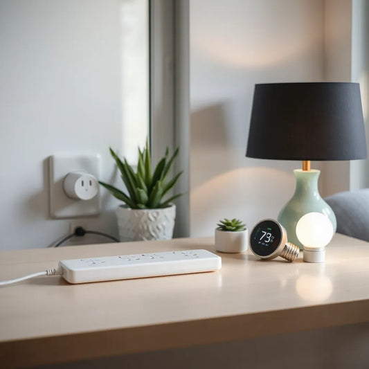 Modern energy-monitoring smart plug, power strip, and thermostat in a bright, minimal home setting.