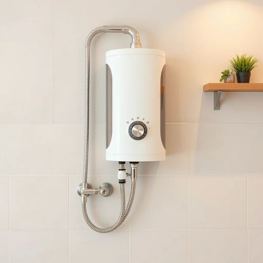 Wall-mounted geyser water heater with connected pipes and temperature control in a clean home utility setting