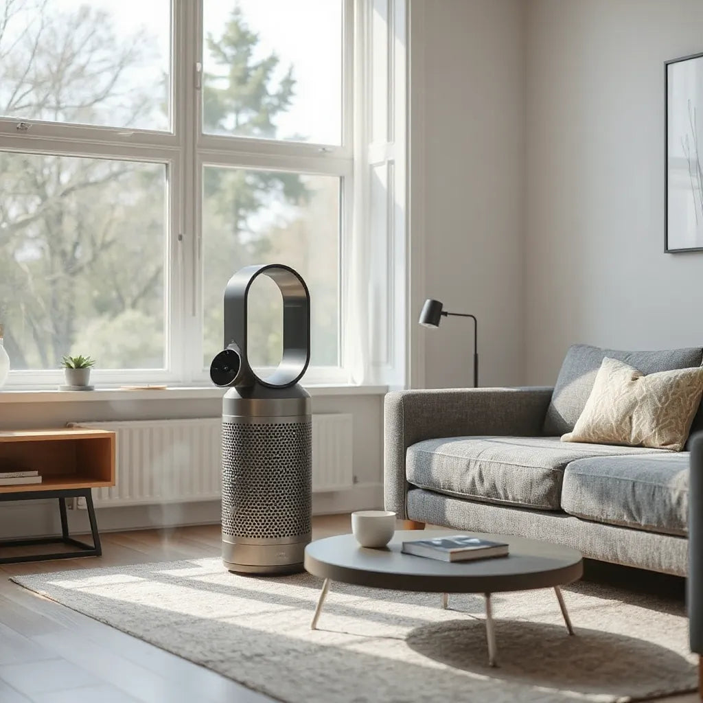 Sleek air purifier in a bright living room with visible airflow helping clean indoor air
