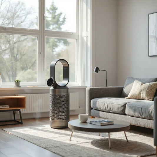 Sleek air purifier in a bright living room with visible airflow helping clean indoor air