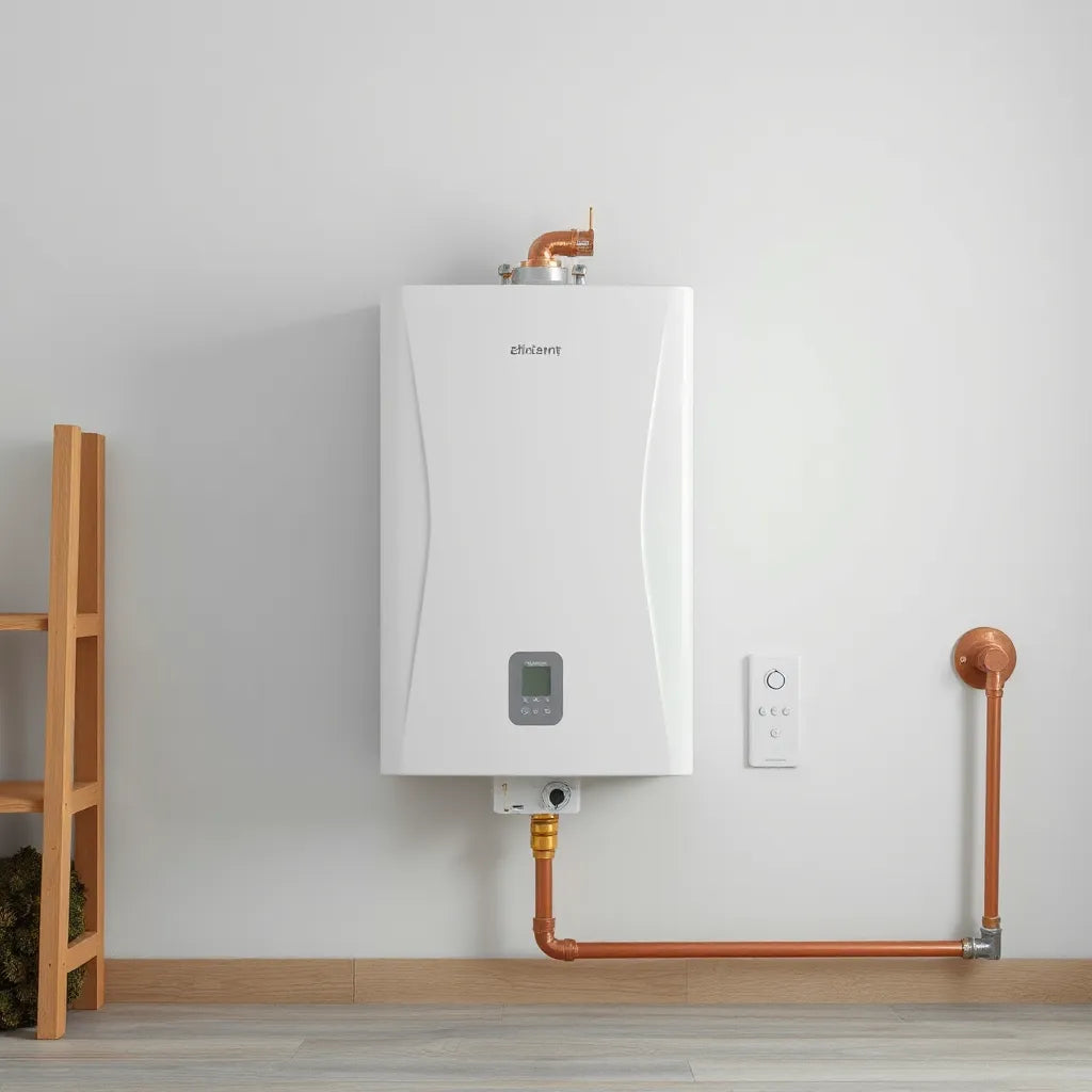 Energy-efficient water heater in a clean utility room with connected copper pipes
