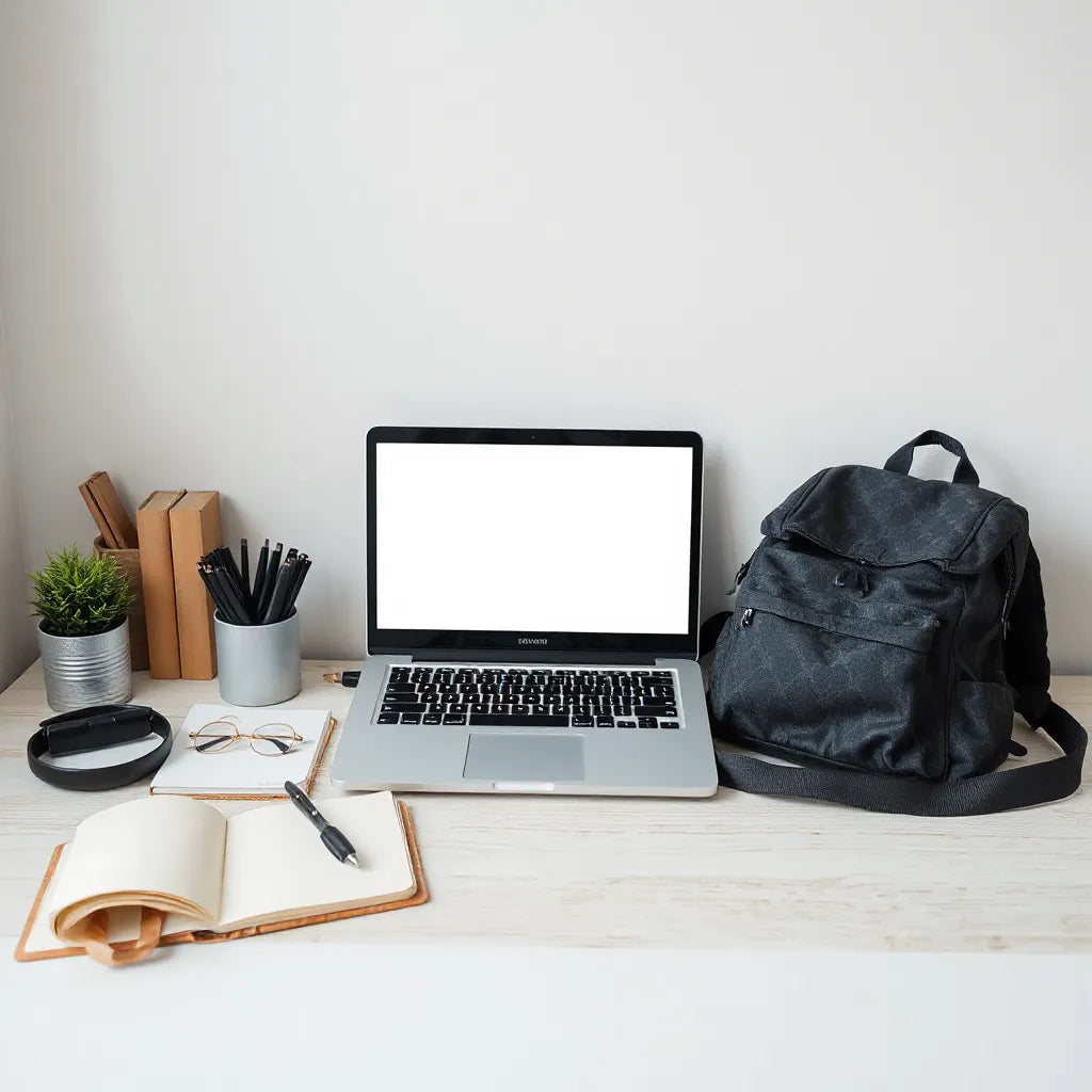 Student study setup with an open laptop, notebook, and backpack for school laptop shopping