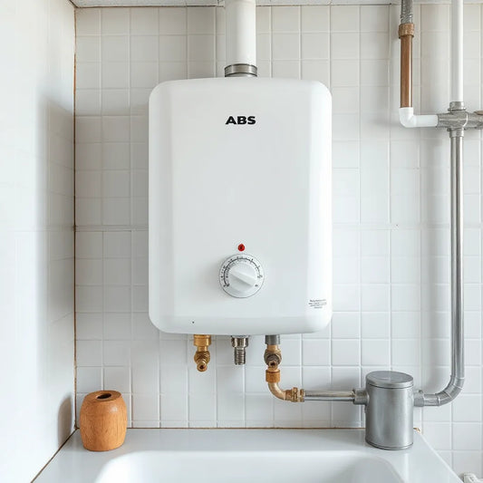 Wall-mounted ABS body water heater with temperature control and visible safety valve in a utility area