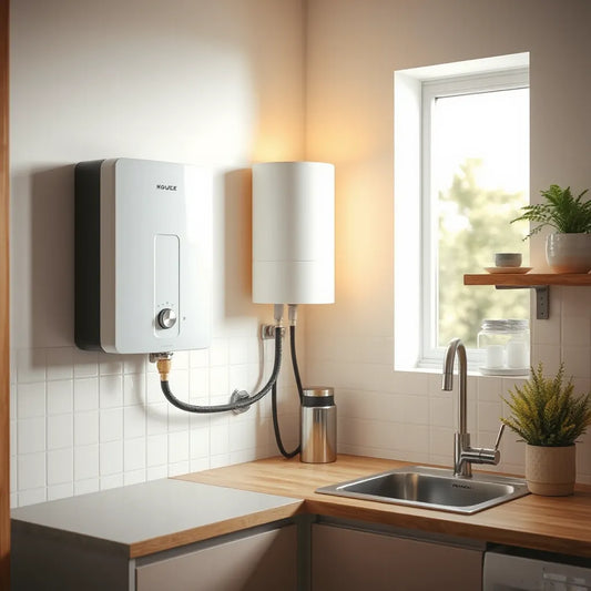 Modern wall-mounted geyser heater in a clean home utility area with warm hot-water glow