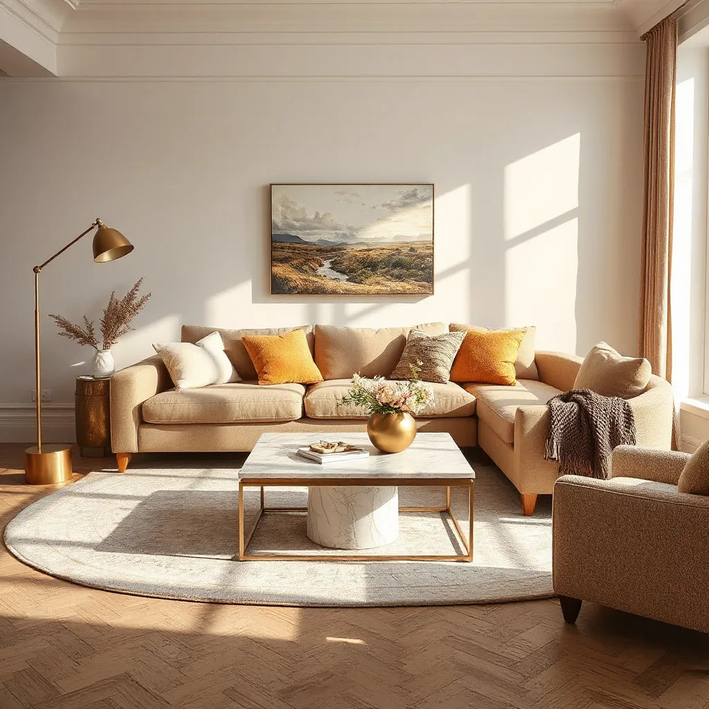 Elegant luxury living room with statement sofa, layered textiles, and polished brass accents
