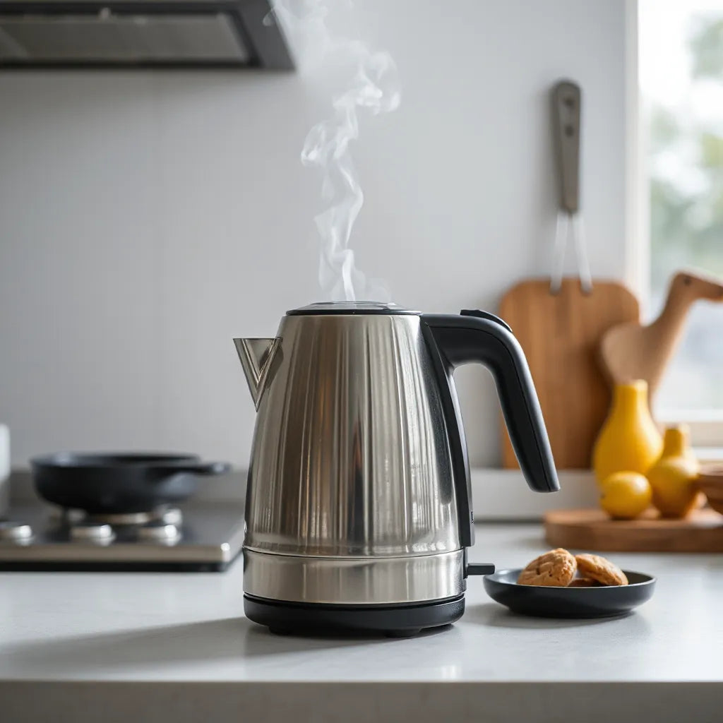Modern electric kettle with steam rising on a kitchen counter