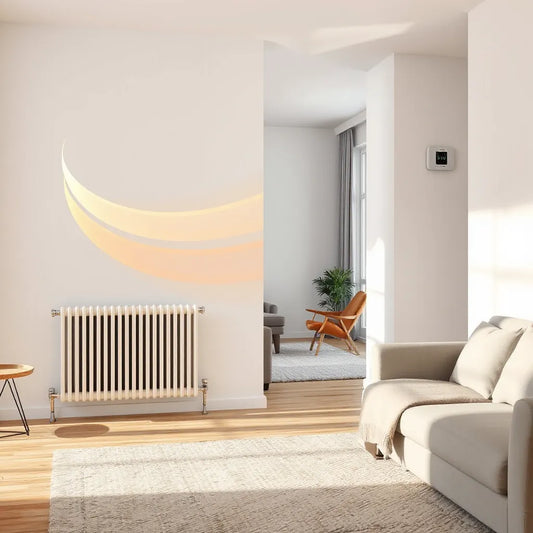 Warm air flows evenly from a radiator across a living room, reducing hot and cold spots.