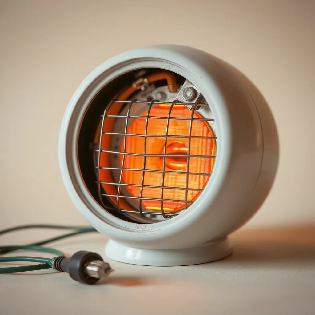 Metal heating coil with ceramic insulators inside an electric heater housing, showing build quality and materials
