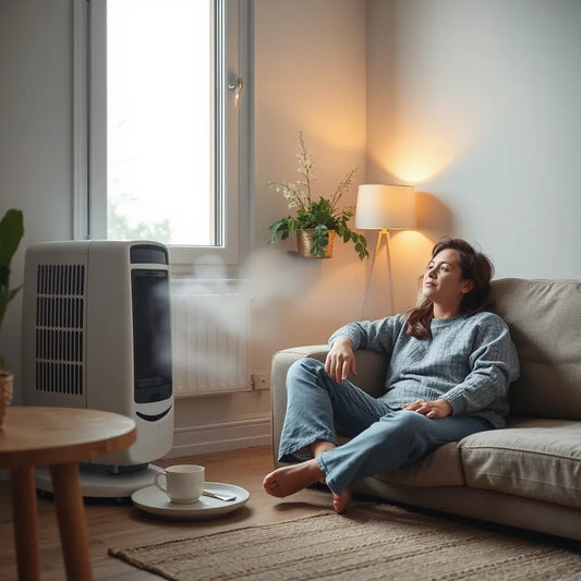 Compact heater providing warm, quiet airflow in a cozy living room with comfortable seating nearby