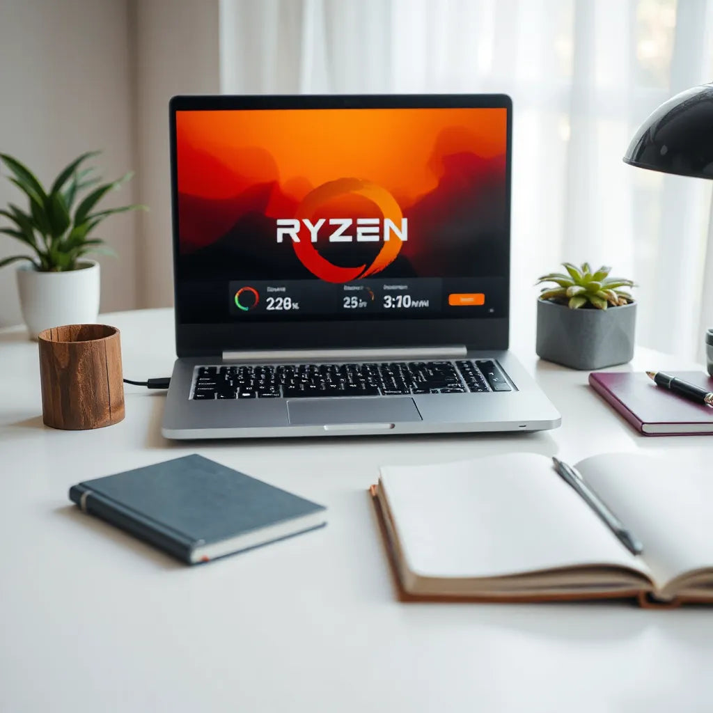 AMD Ryzen laptop on a clean desk in natural light with a generic performance-style screen display