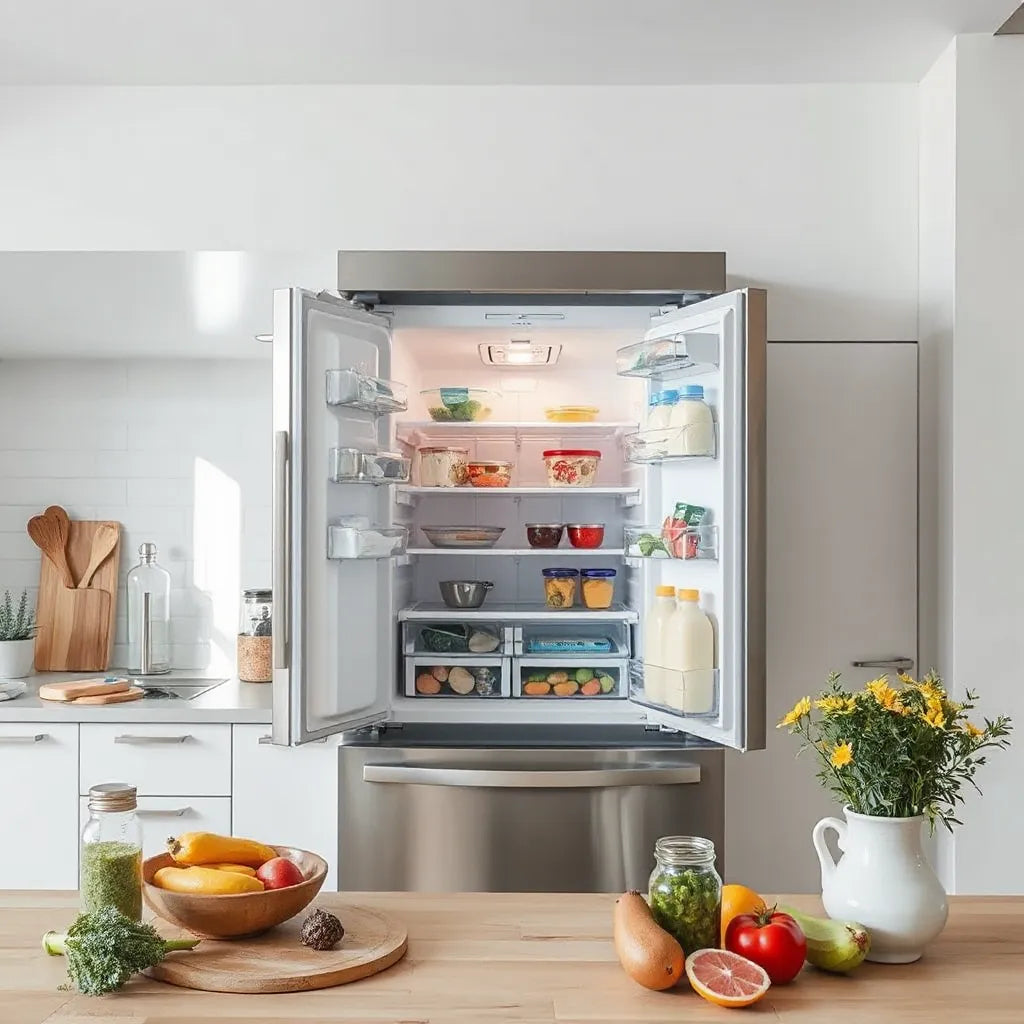 Modern kitchen refrigerator with visible interior shelves and organized food items for choosing the right model