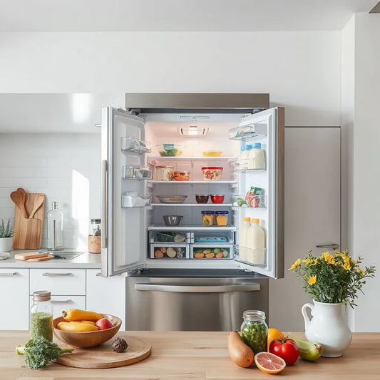 Modern kitchen refrigerator with visible interior shelves and organized food items for choosing the right model