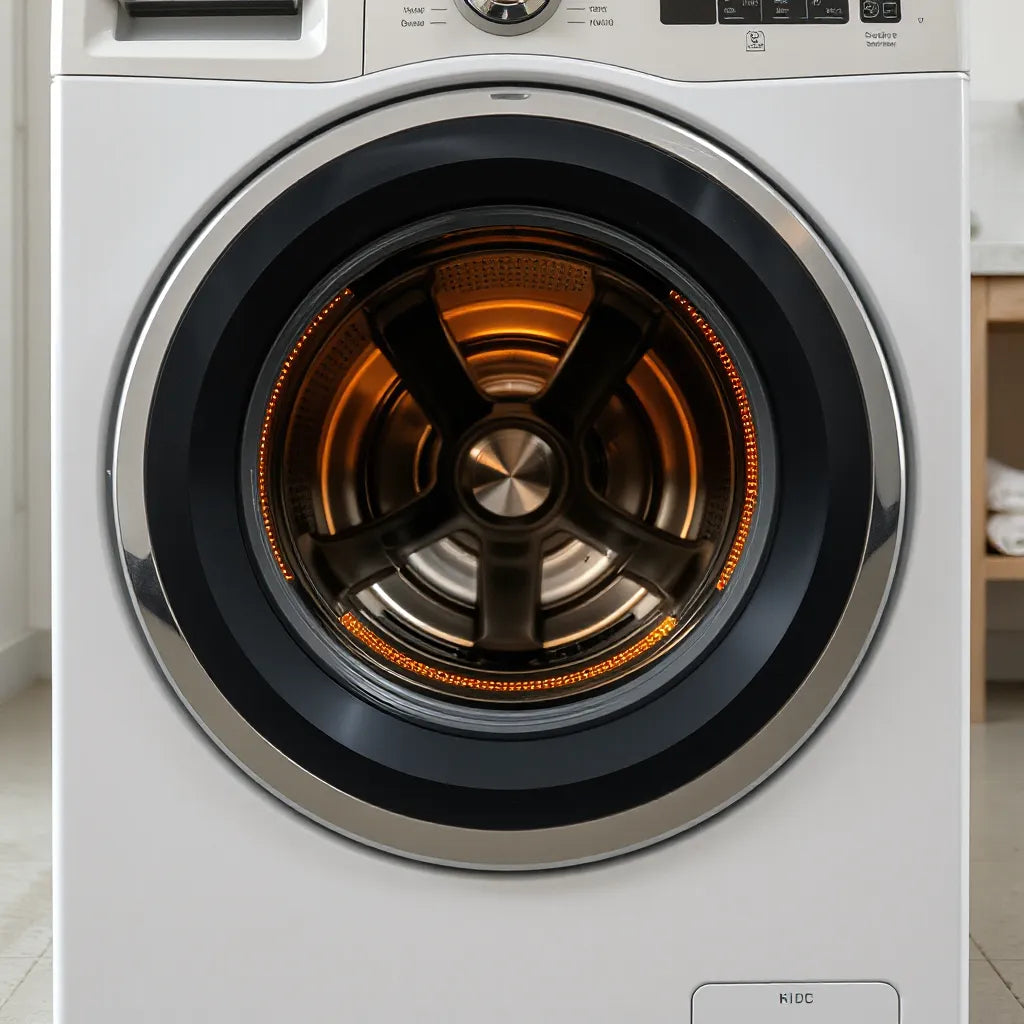 Front-loading washing machine with warm water heating glow for efficient washing performance