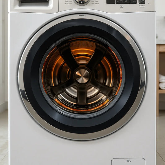 Front-loading washing machine with warm water heating glow for efficient washing performance