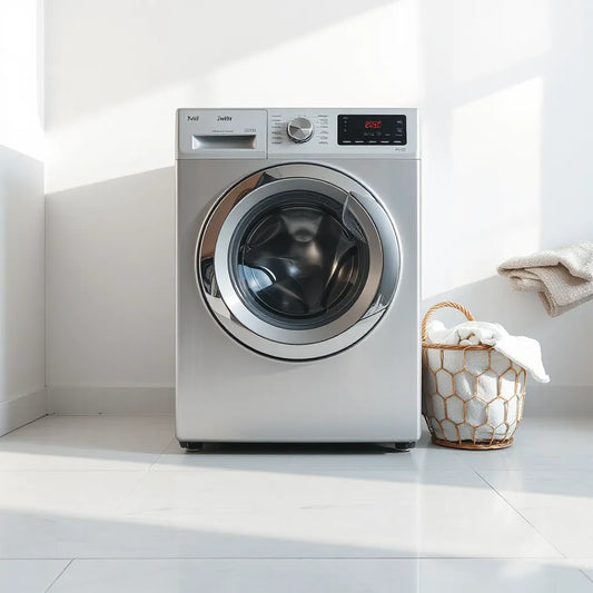 Modern washing machine in a bright laundry area with neatly folded clothes nearby