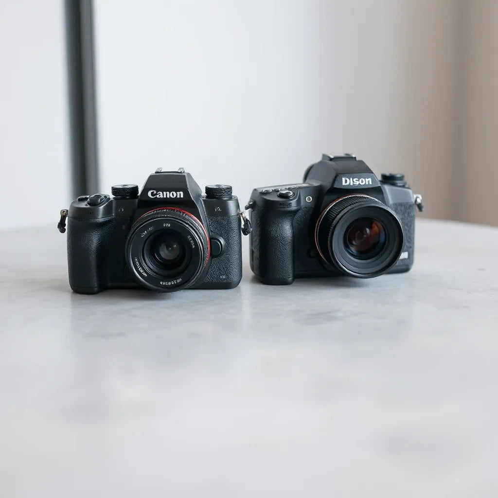 Mirrorless and DSLR cameras with interchangeable lenses displayed side by side on a clean tabletop