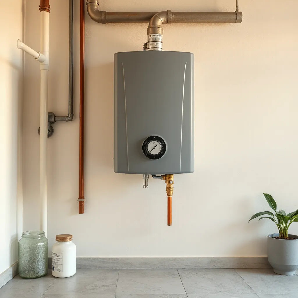 Wall-mounted water heater unit with visible controls and connected pipes in a clean utility room