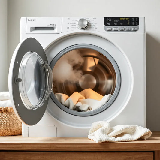 Steam rising from a washing machine drum as fresh laundry is refreshed for a deeper clean
