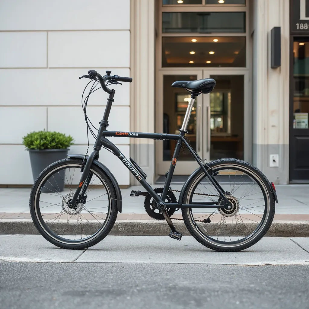 26-inch wheel folding bike parked upright on an urban sidewalk with a compact folded frame