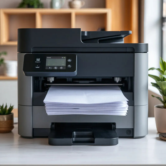 Office laser printer rapidly producing clean pages on a paper tray