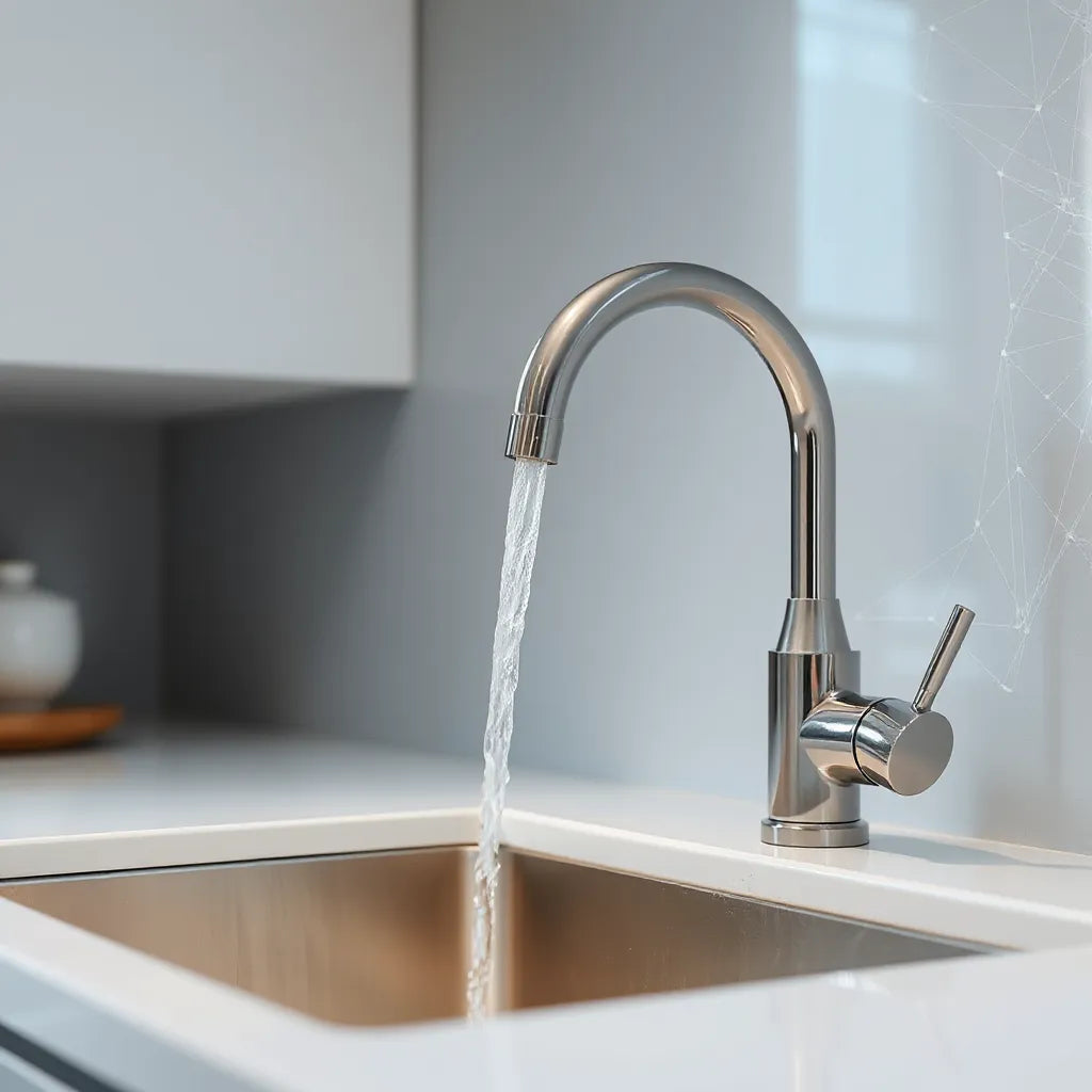 Faucet with flowing water and subtle smart sensor indicators showing active monitoring.