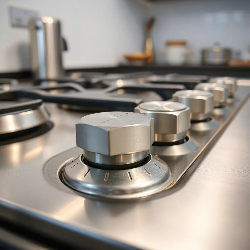 Metal control knobs with textured grip on a modern gas hob