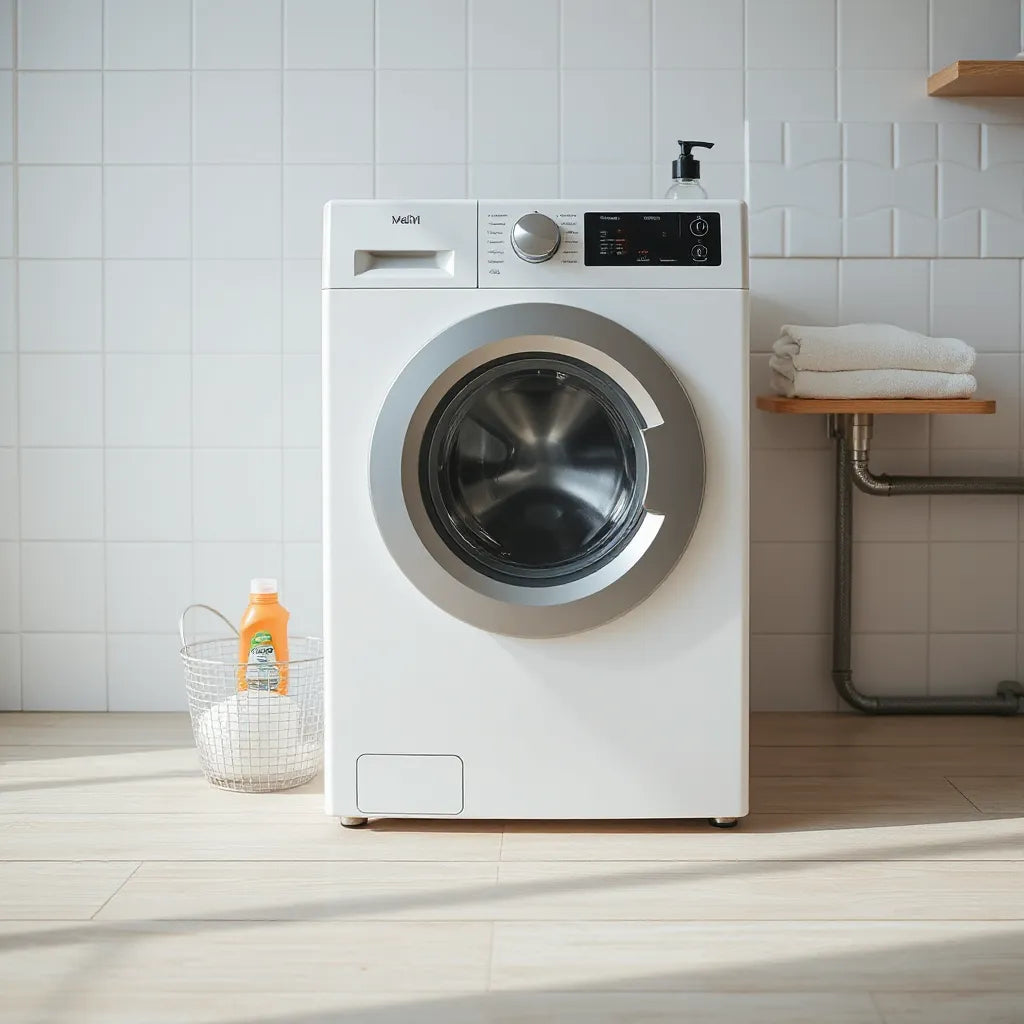 Front loading washing machine in a clean laundry room with folded towels and detergent nearby
